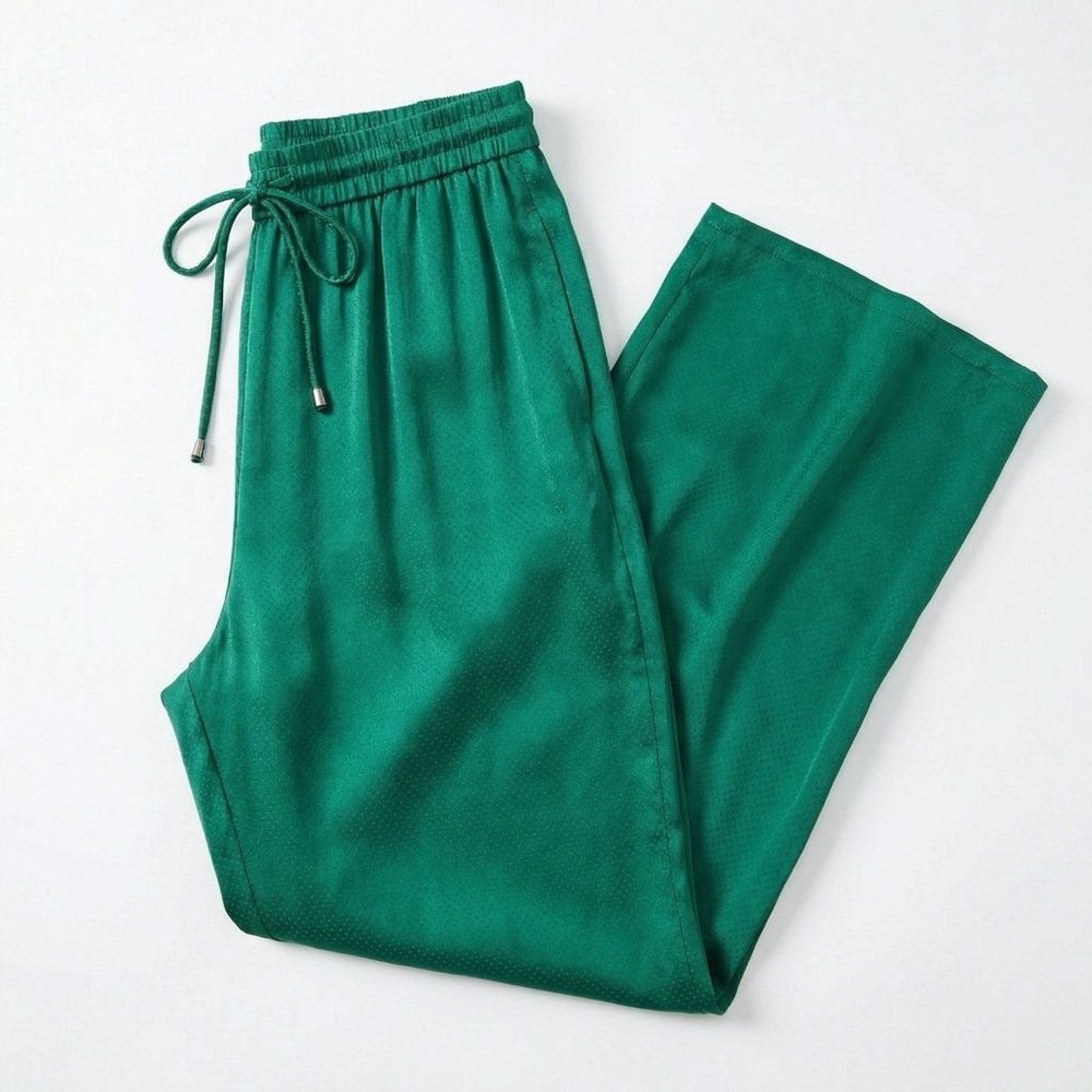 Zara Emerald Green Silk Palazzo Drawstring Joggers XS